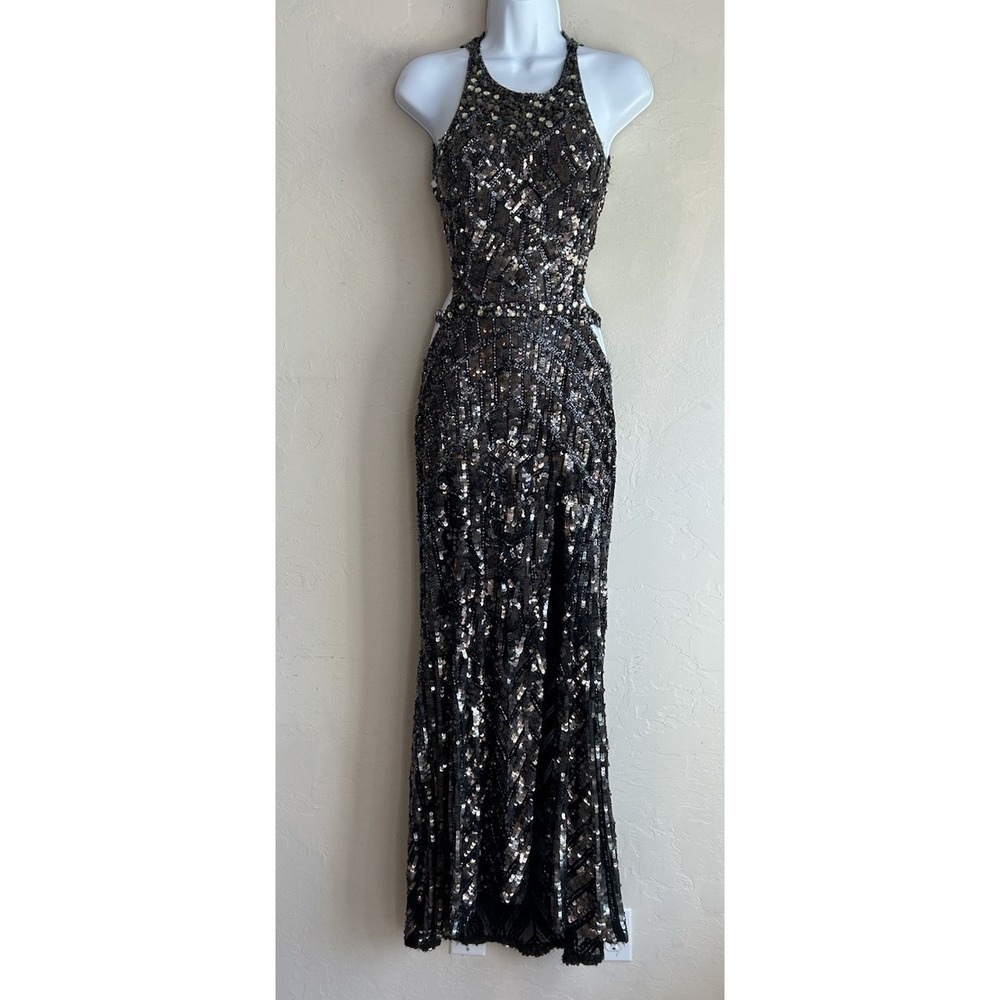 Cassandra Stone Mac Duggal Beaded Sequin Gown 6 Dramatic Formal Prom Thigh Slit
